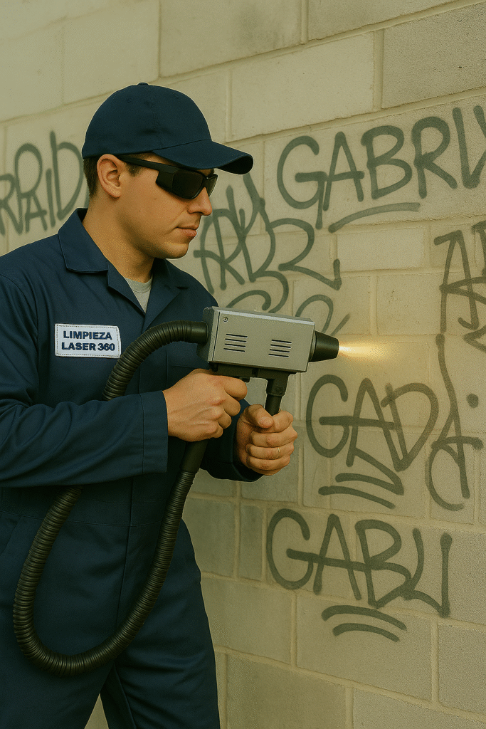 Técnico de Limpieza Láser 360 eliminando graffiti con tecnología láser industrial.